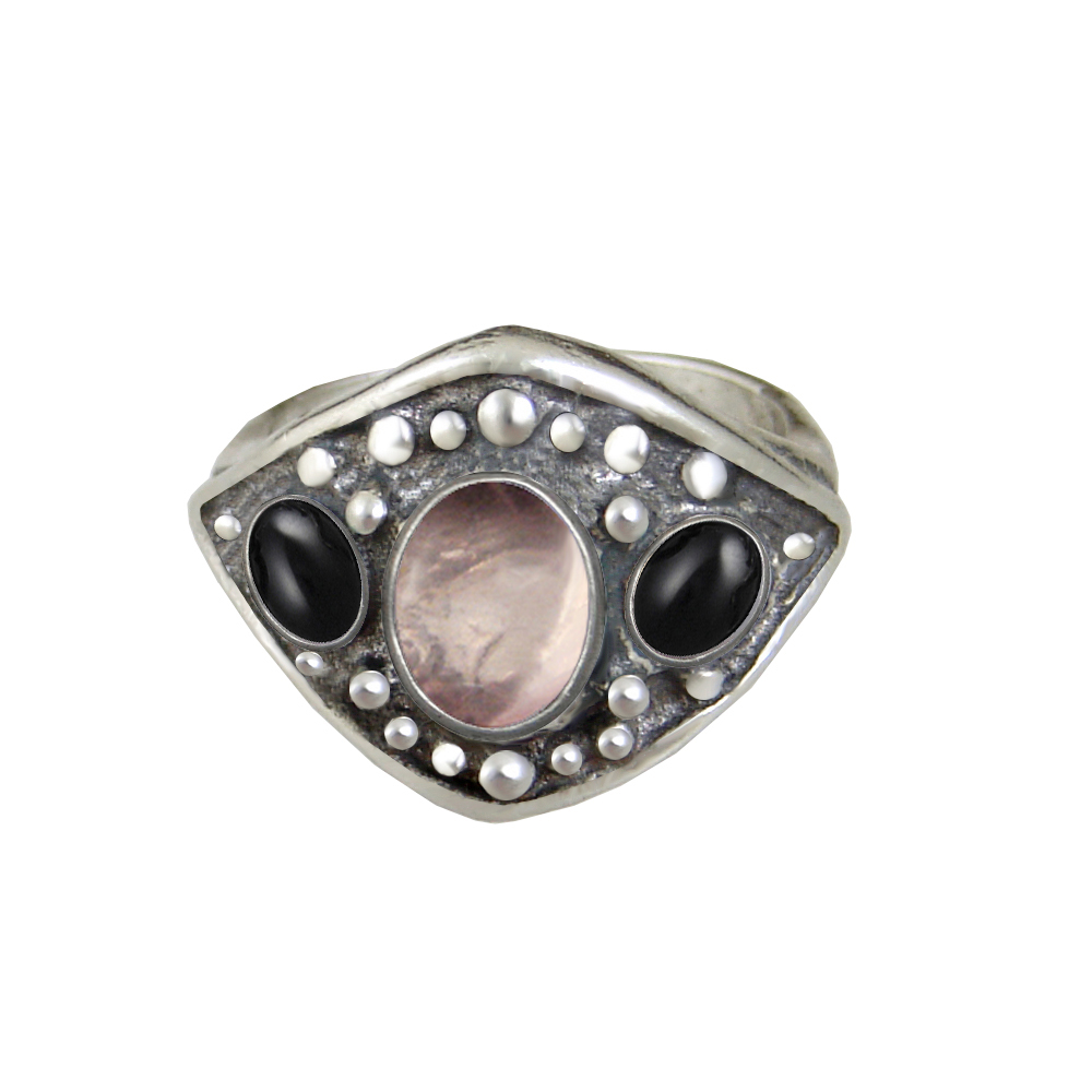 Sterling Silver Medieval Lady's Ring with Rose Quartz And Black Onyx Size 9
